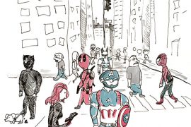 Superheroes walking around a city.