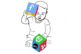 Baby playing with blocks with media logos.