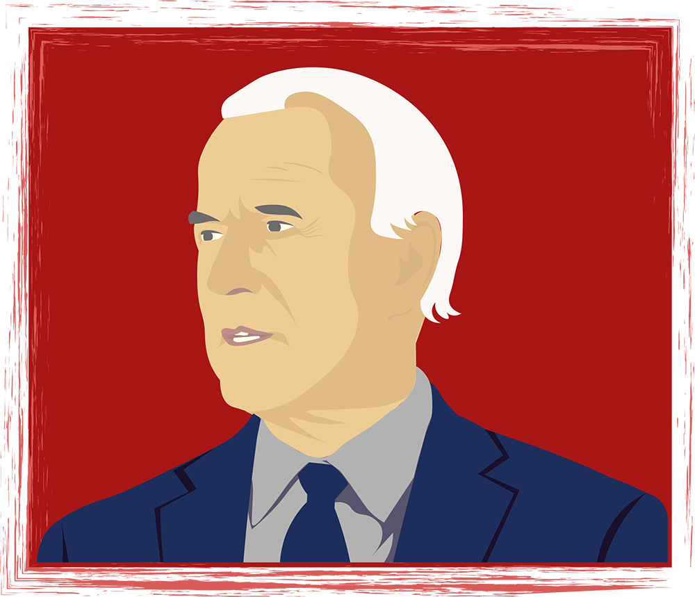 A computer animated Joe Biden, shoulders up, in front of a dark red background. He is facing to his right, staring sternly into the distance.