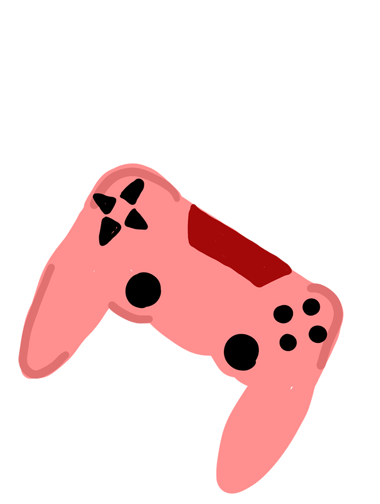 Pink illustrated video game controller with black buttons.