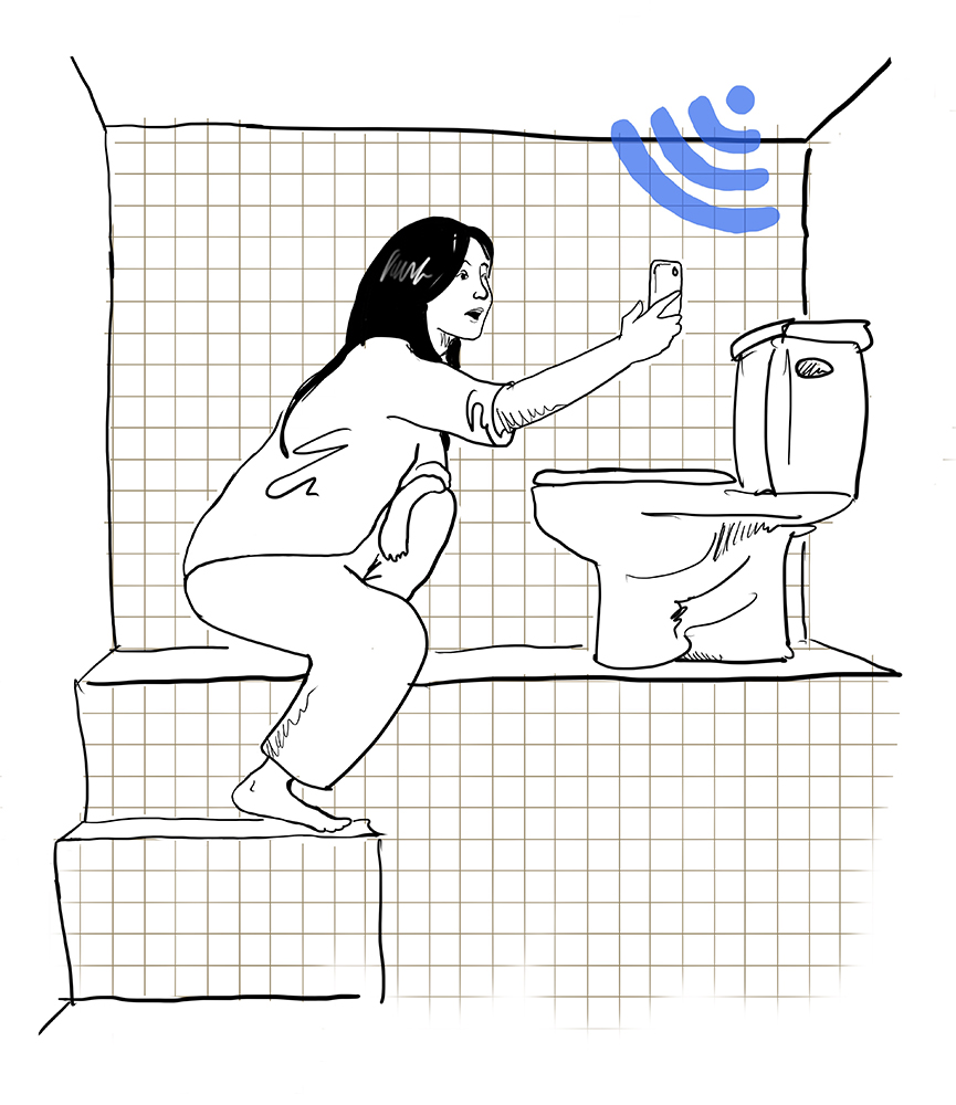 illustration by Josh Gates of a scene from Parasite where the primary character, Ki Jung crouches near the toilet to try to get wifi signal from a neighbor.