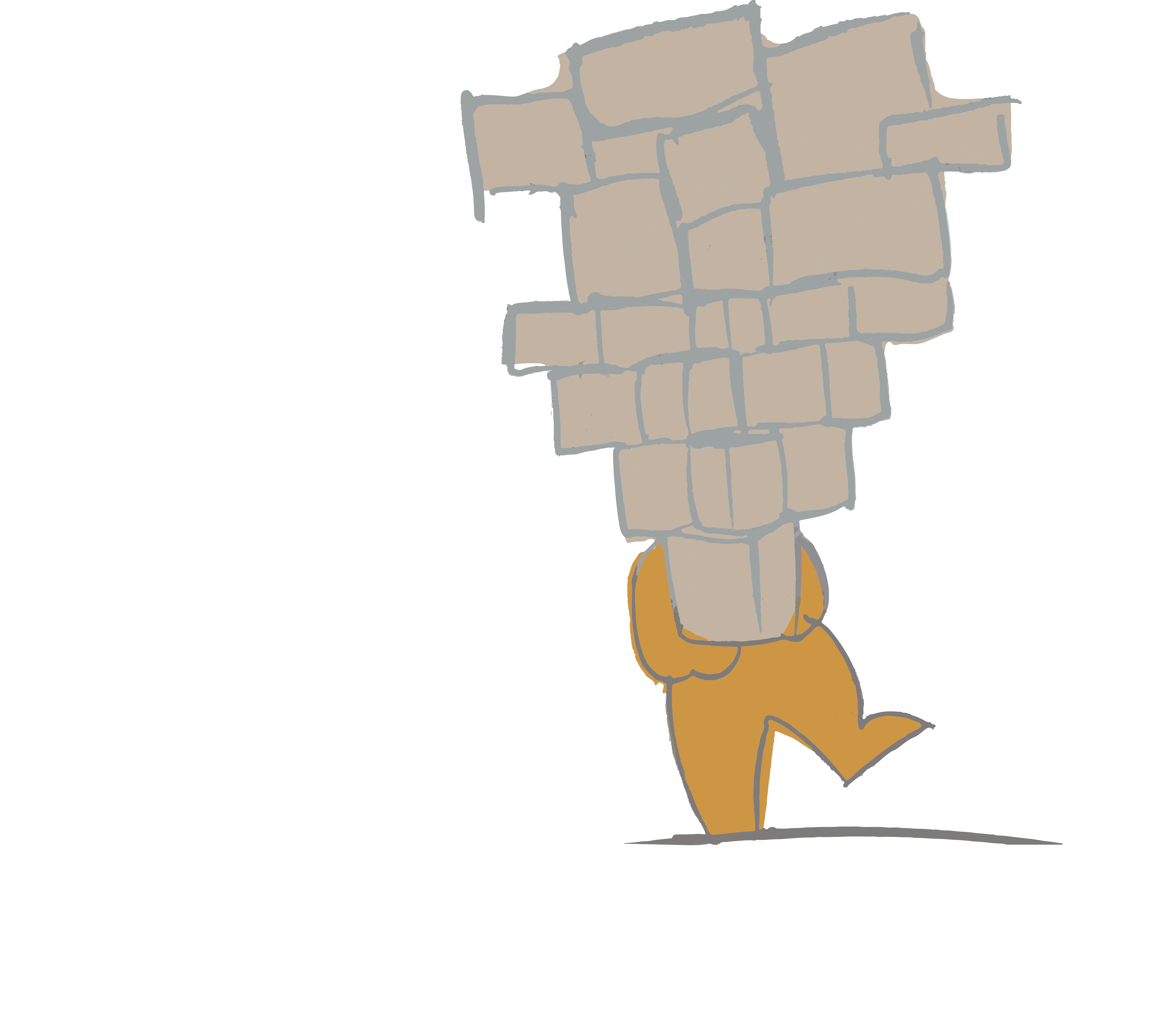 Digital illustration of a person struggling to hold an unequal pile of blocks.