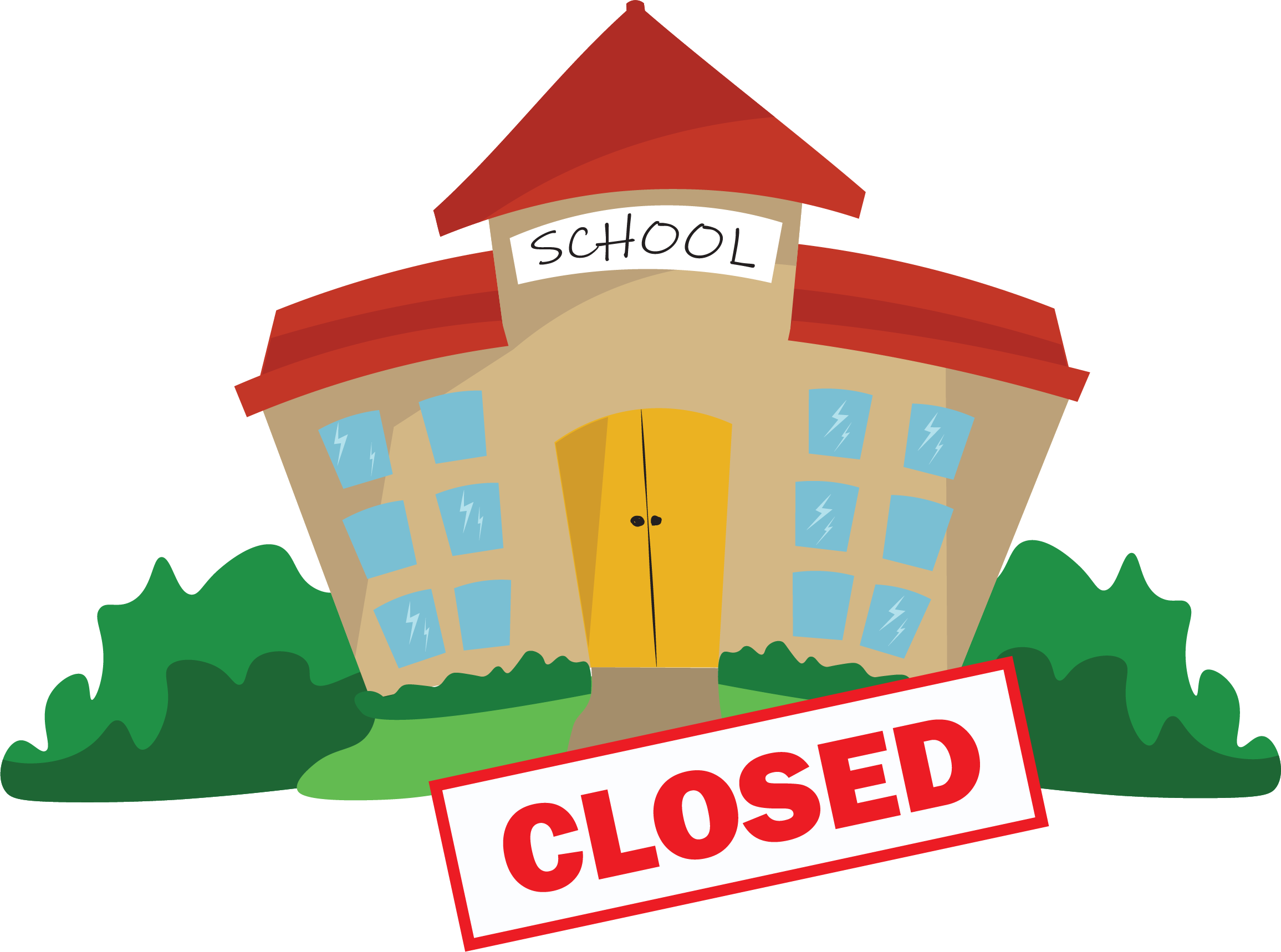 Illustration of a school house with a big sign out front that says CLOSED.