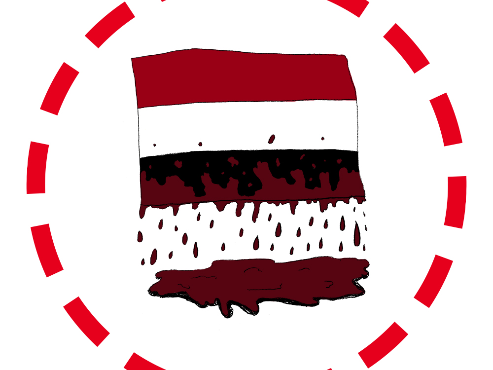 An illustration of the Yemen flag, three broad stripes of red, white, and black. Blood runs off of the flag and onto the floor beneath it. Encircling the flag is a dotted red circle.
