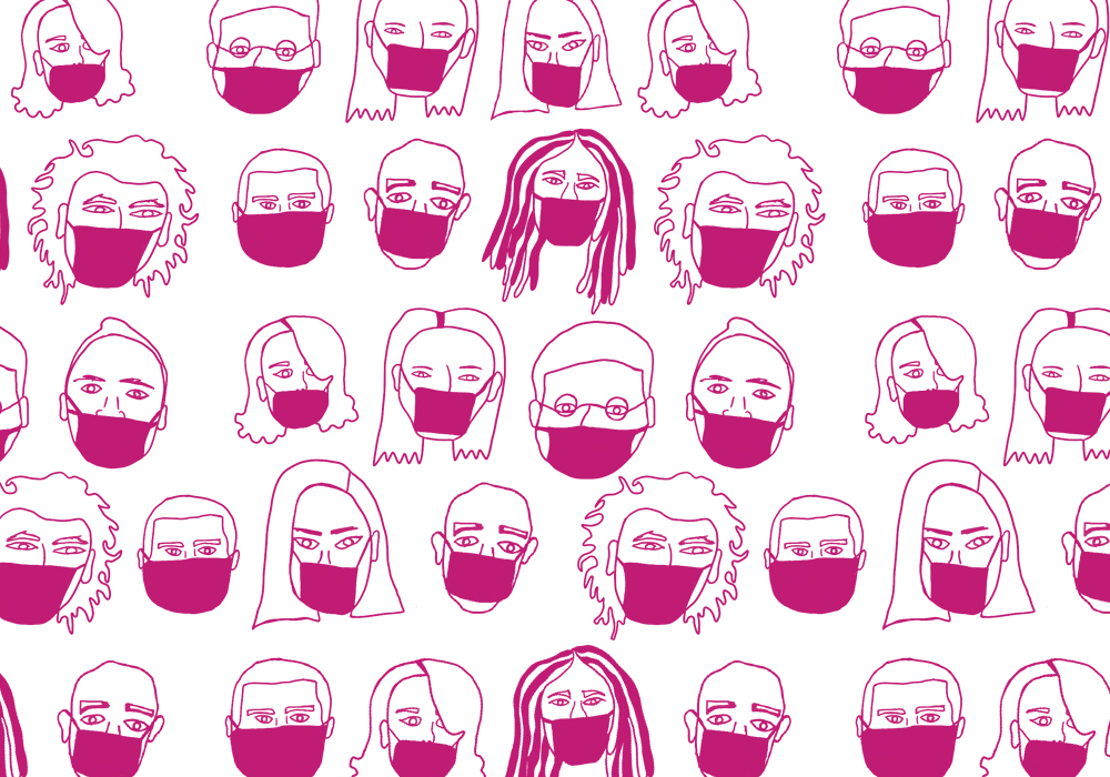 A collage of hand drawn faces of all kinds wearing protective masks on their mouths and noses.