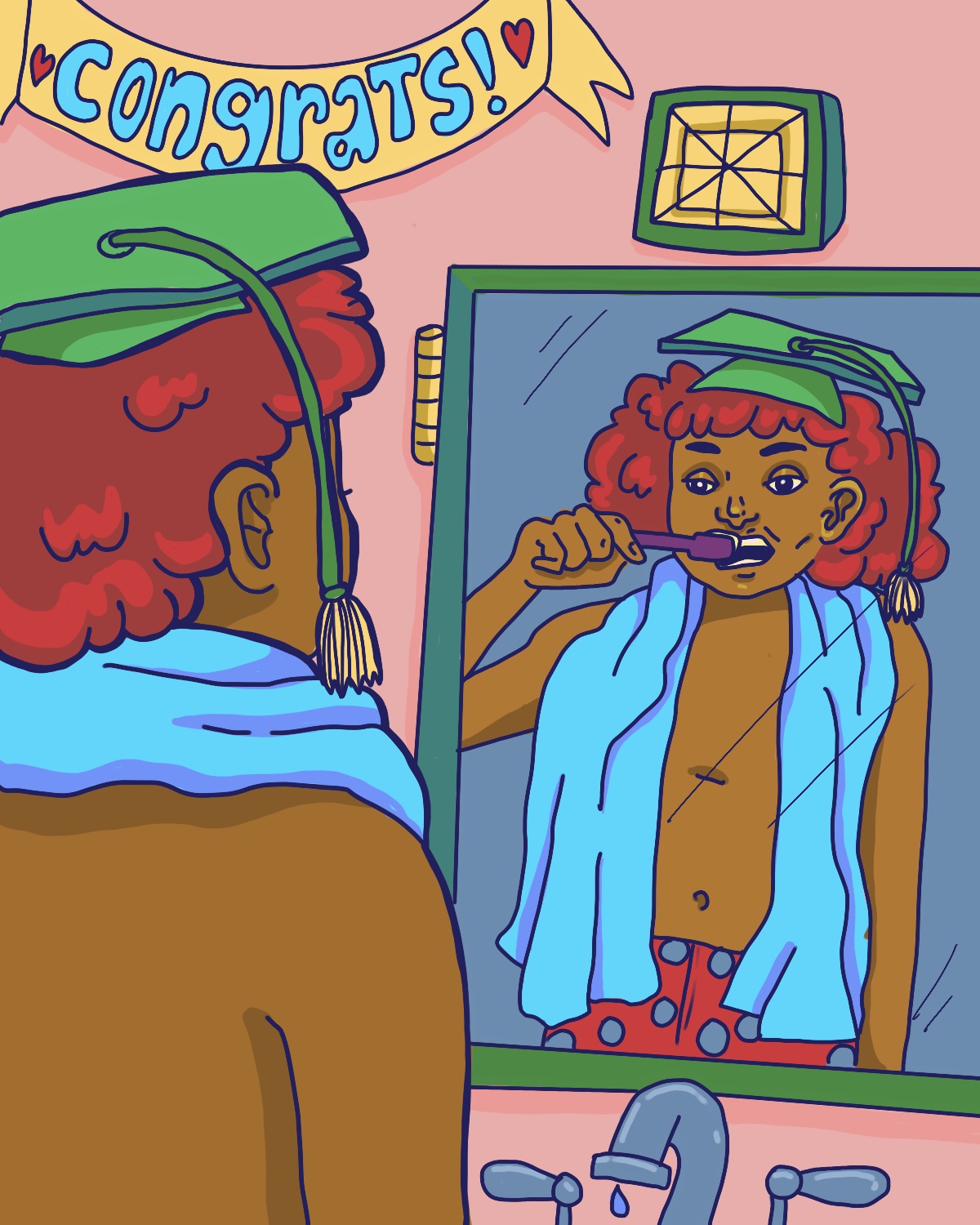 A colorful illustration of a student wearing their graduation cap while brushing their teeth in the mirror at home.