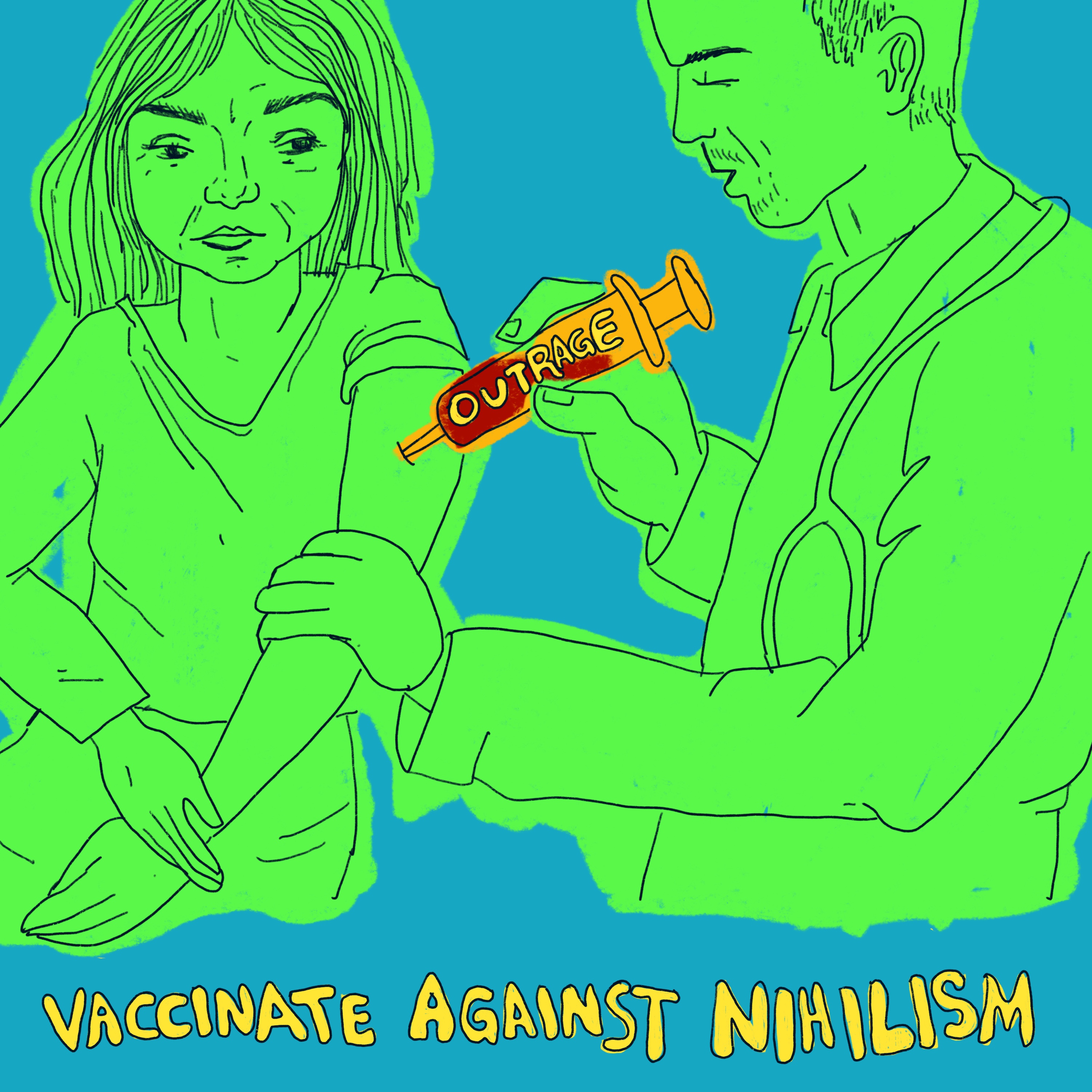 bright green illustration of a doctor injecting a female patient with a vial full of "outrage"