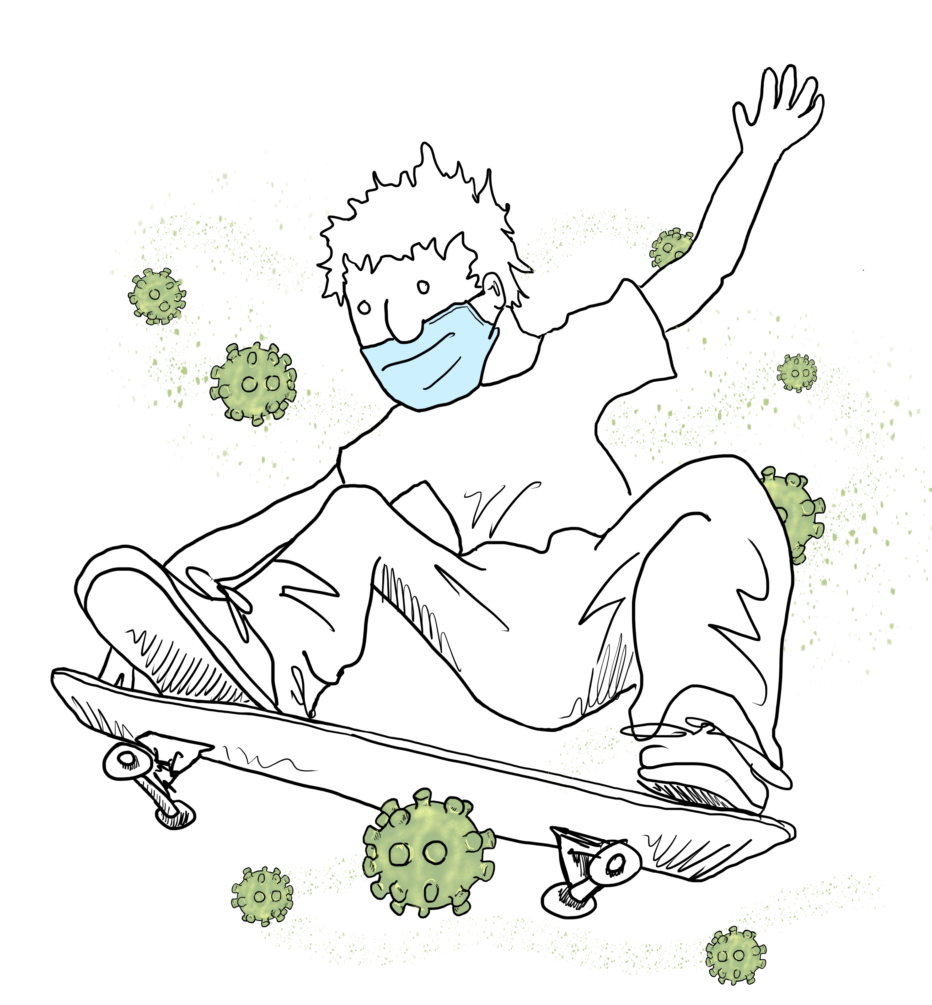 illustration of a male skateboarder flying through green virus molecules on his skateboard (while wearing a mask of course).