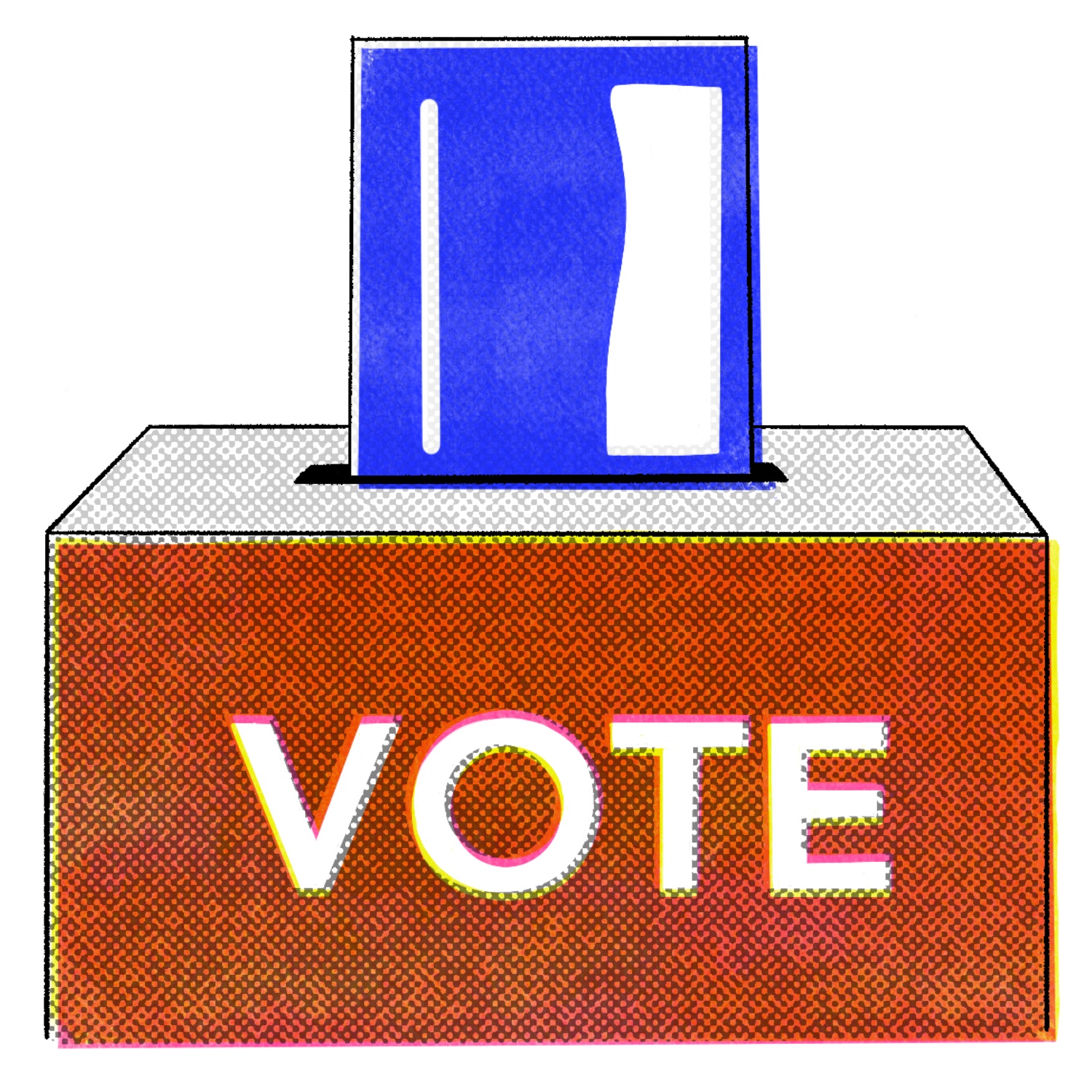 illustration of a blue ballot going into a red box with the word VOTE printed in white on it.