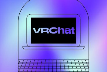 A laptop computer reading "VRChat" levitates above a grid.
