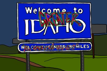 An illustration of a roadside sign reading: Welcome to Greater Idaho