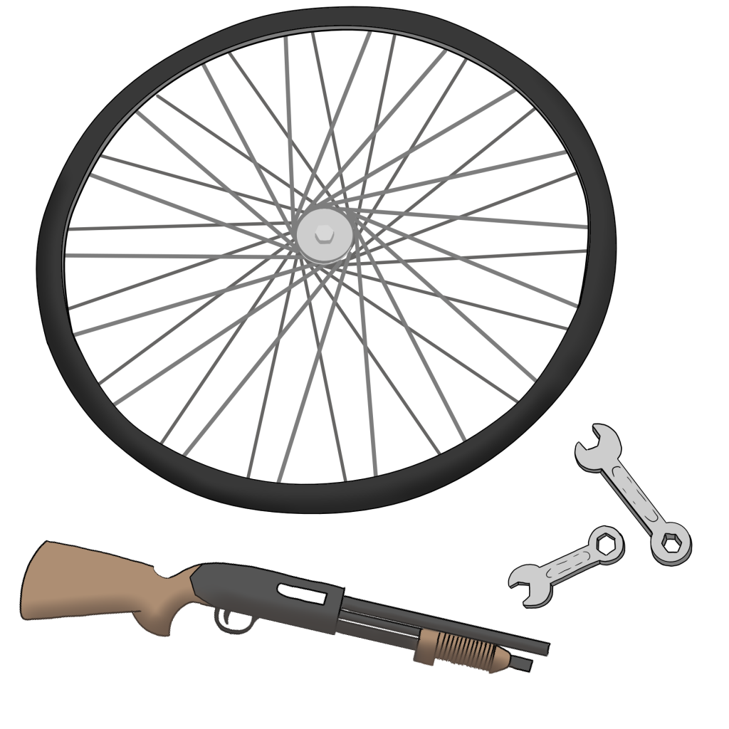 Illustration of a bicycle wheel, tools, and a shotgun.