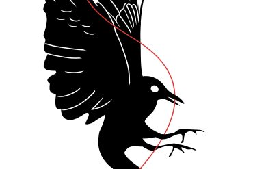 A 2D illustration of a crow with red string, from the Death Cab for Cutie album cover.
