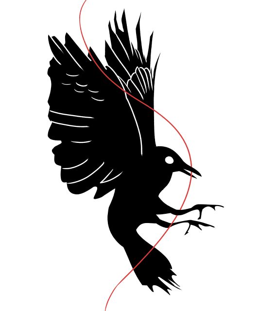 A 2D illustration of a crow with red string, from the Death Cab for Cutie album cover.