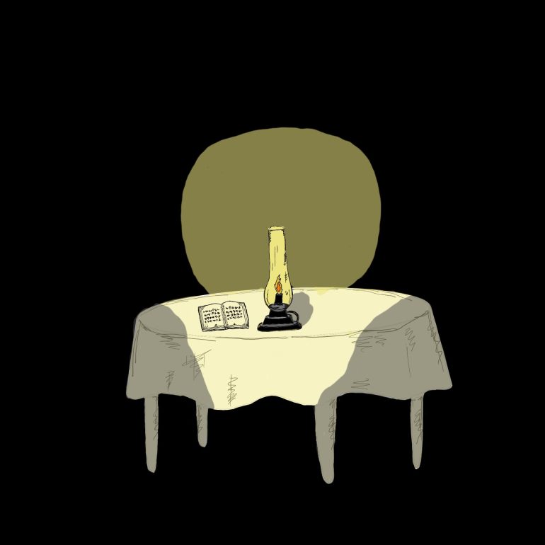 A 2D illustration of a table lit by candlelight.