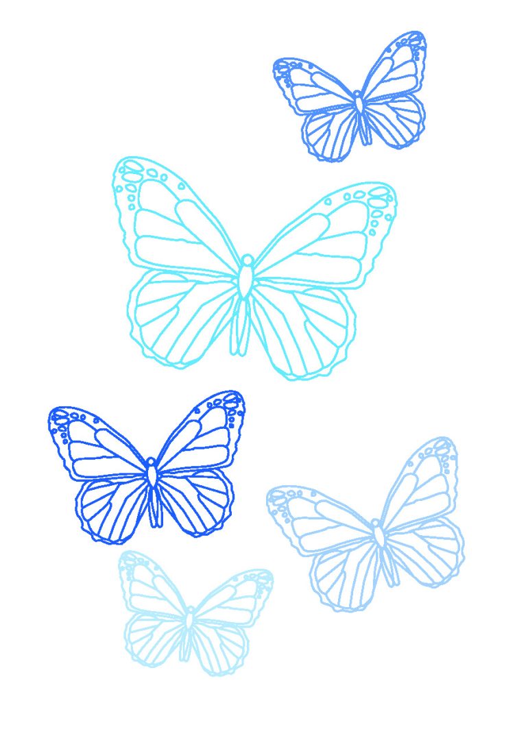 A drawing of butterflies in shades of blue.