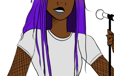 drawing of a Black girl with purple and pink hair singing into a microphone