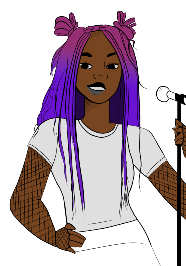 drawing of a Black girl with purple and pink hair singing into a microphone
