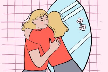 Illustration of a girl hugging herself through a mirror