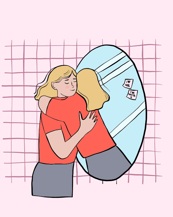 Illustration of a girl hugging herself through a mirror