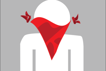 A nondescript cartoon figure with a red bandanna over their face against a grey background