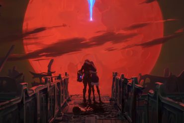 Two characters from Arcane embrace while facing a red sky